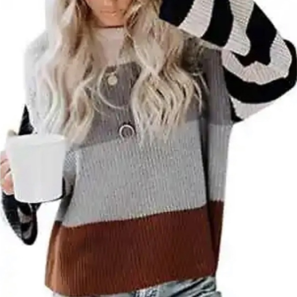 Color Block‎ Crew Neck Pullover Knit Oversized Sweater Sz S Cream Blue Black